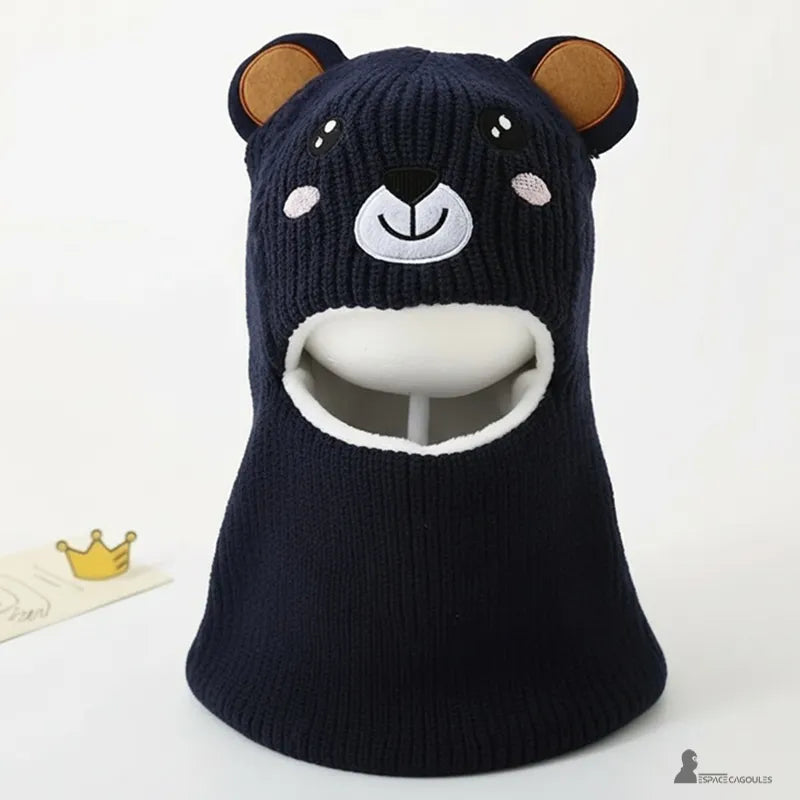 5-year-old children's balaclava, navy blue bear balaclava knitted on a white mannequin with expressive embroidery for a playful children's look – Espace Cagoules