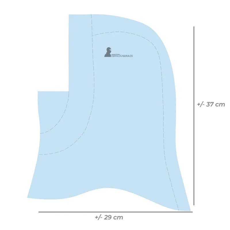 Cagoule enfant bleue vue à plat avec indication des dimensions pour un ajustement optimal sous casque de ski – Espace Cagoules
