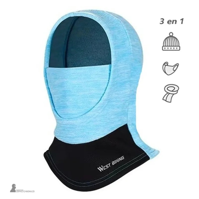 Cagoule enfant bleue présentée en profil sur fond blanc avec pictogrammes 3 en 1 bonnet, masque et écharpe, démontrant sa polyvalence – Espace Cagoules