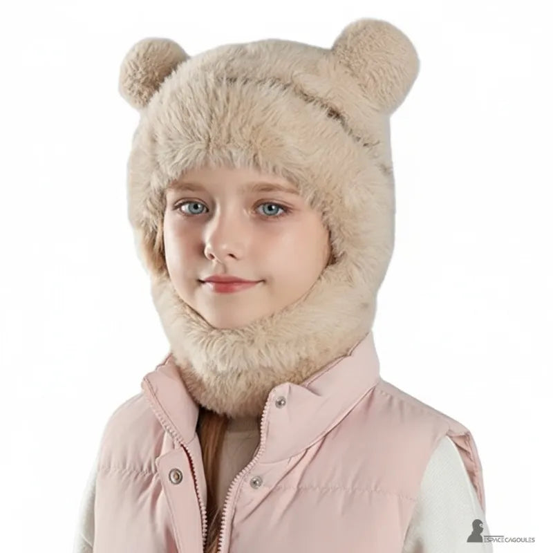 Cagoule enfant fille beige en fausse fourrure douce avec oreilles, portée baissée, pour hiver – Espace Cagoules