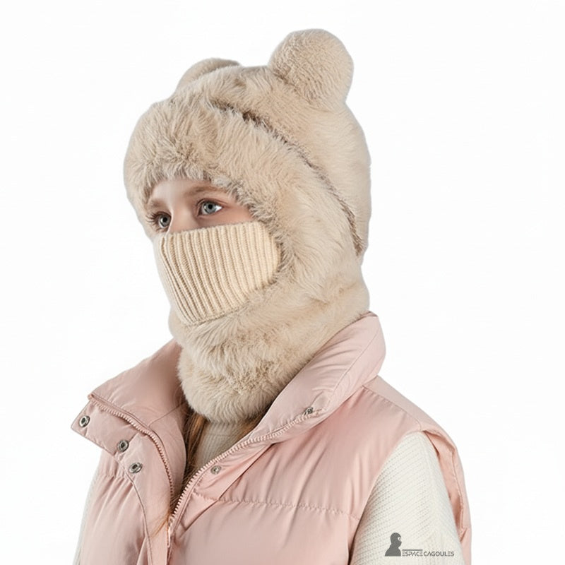 Cagoule enfant fille beige avec protection faciale tricotée et capuche en fausse fourrure, parfaite pour les journées froides – Espace Cagoules