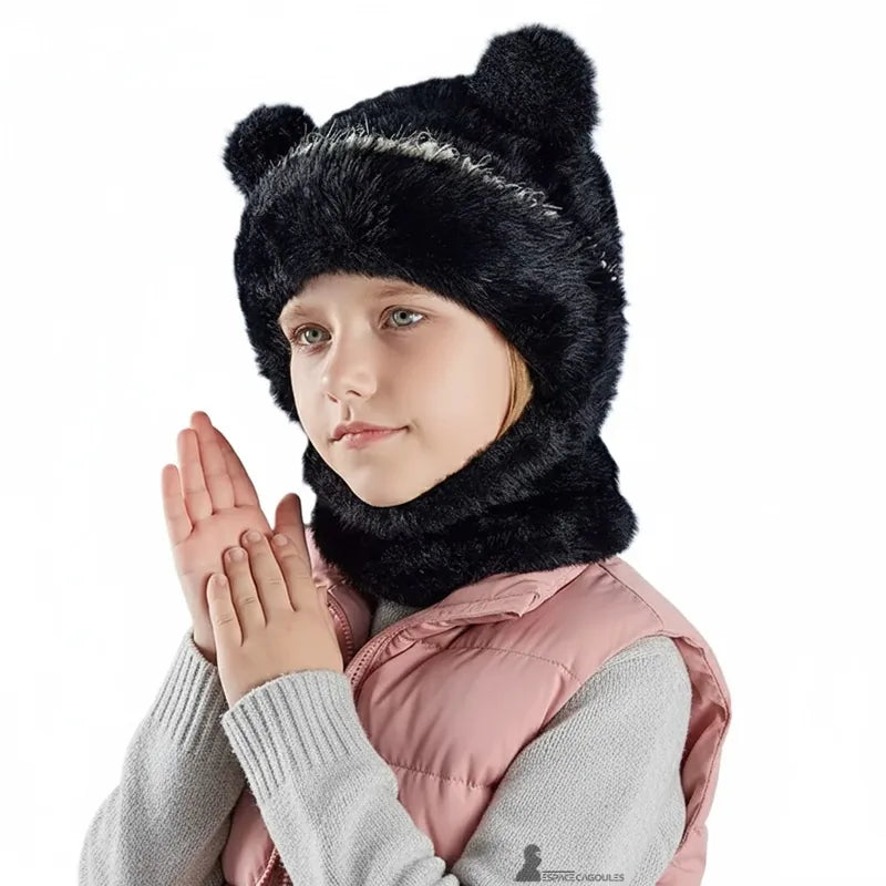 Cagoule enfant fille noire en fausse fourrure avec oreilles, portée baissée, chaleur et confort pour l’hiver – Espace Cagoules
