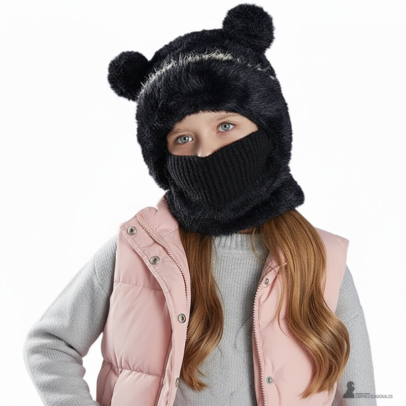 Cagoule enfant fille noire avec masque tricoté intégré et capuche chaude en fausse fourrure – Espace Cagoules