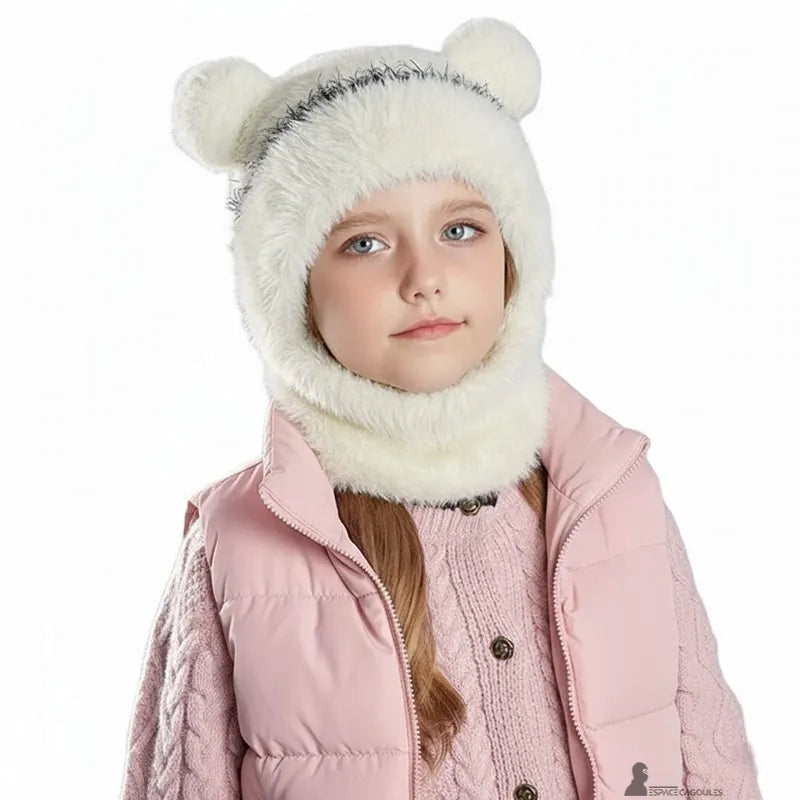 Cagoule enfant fille blanche en fourrure douce avec oreilles, portée baissée, chaleur et douceur pour l’hiver – Espace Cagoules