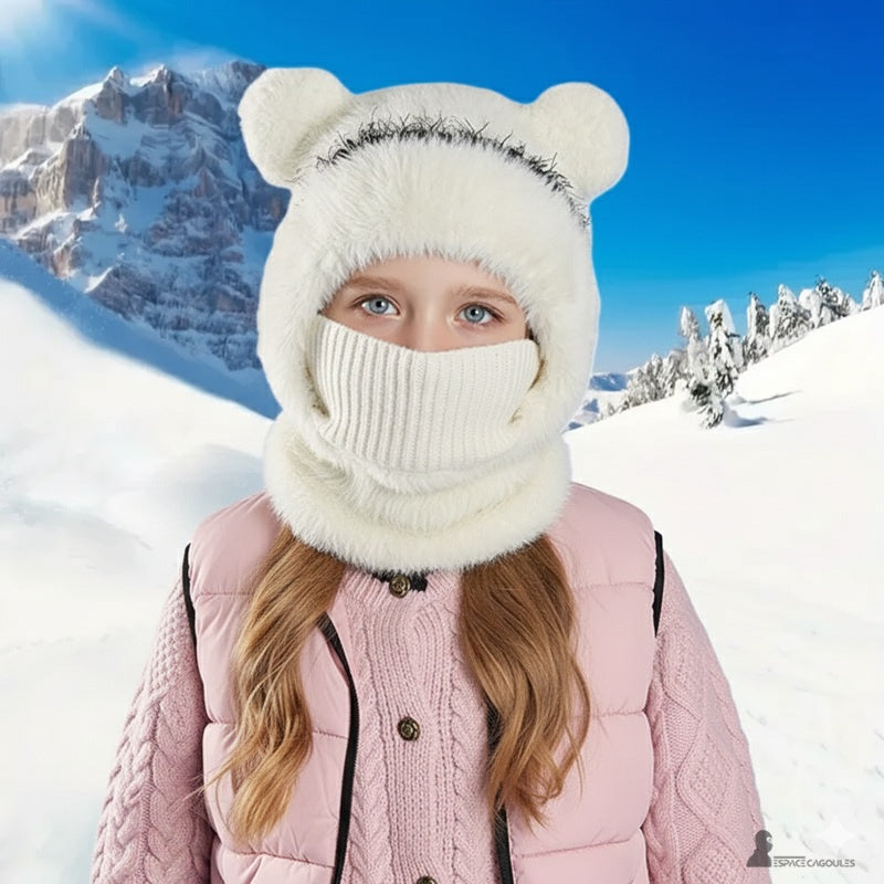 Cagoule enfant fille blanche avec cache-bouche tricoté et fond montagne enneigée, idéale pour le ski – Espace Cagoules