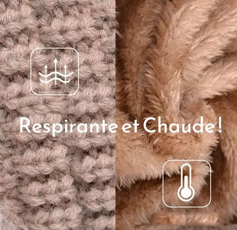 Gros plan sur la texture en tricot doux et polaire d'une cagoule enfant fille beige, mettant en avant la chaleur et le confort.