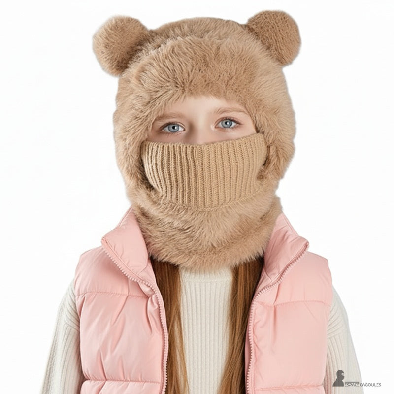 Cagoule enfant fille kaki avec protection bouche tricoté assorti et fourrure douce, parfaite pour l’hiver – Espace Cagoules