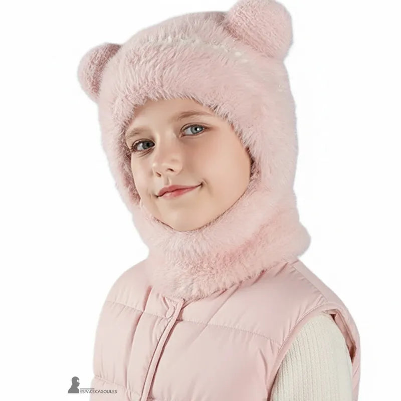 Cagoule enfant fille rose claire en fausse fourrure avec petites oreilles, portée baissée pour un look doux et chaud – Espace Cagoules