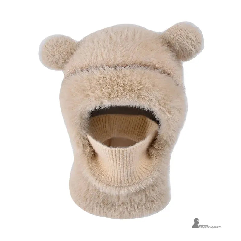 Cagoule enfant fille beige en fausse fourrure avec oreilles rondes vue de face, modèle 3 en 1 bonnet masque et tour de cou – Espace Cagoules