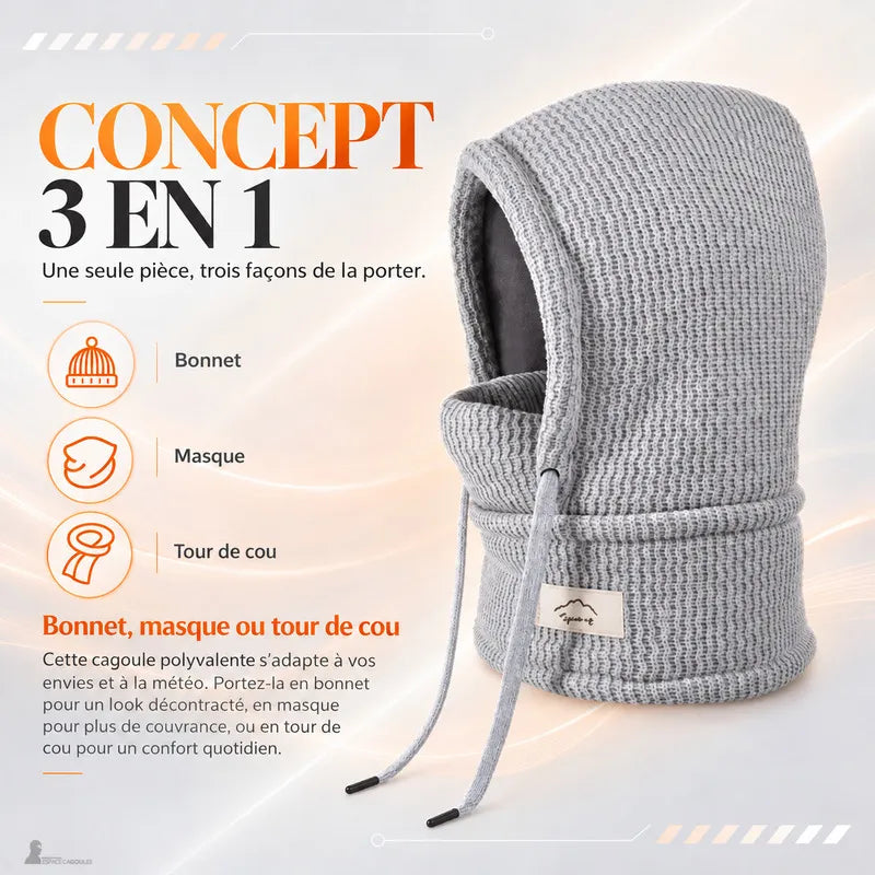 Cagoule enfant hiver 3-en-1 grise montrant les trois façons de la porter : bonnet, masque ou tour de cou - Espace Cagoules