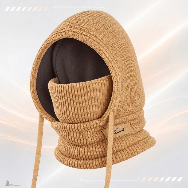 Cagoule enfant hiver camel en maille côtelée, capuche doublée polaire et masque relevé - Espace Cagoules