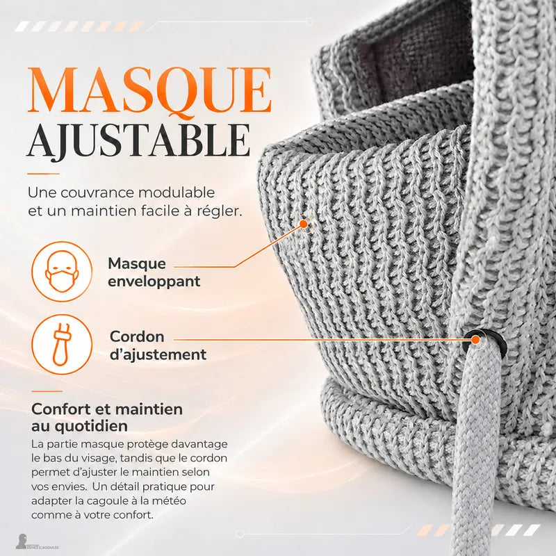 Détail du masque en maille côtelée grise de la cagoule enfant avec son cordon d'ajustement - Espace Cagoules