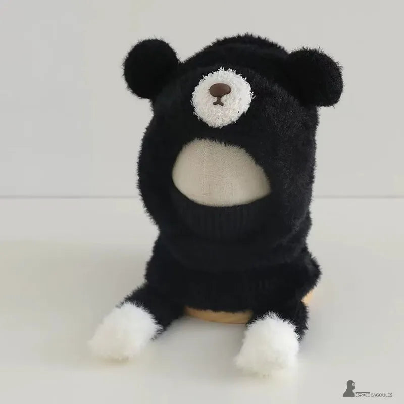 Black children's balaclava, full shape with bear hood, product view on a neutral black background - Espace Cagoules.