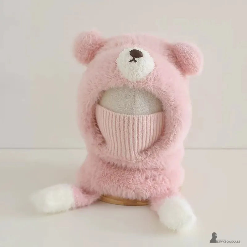 Full pink balaclava for children with bear hood and dangling elements, product view on a neutral background in pink color - Espace Cagoules.