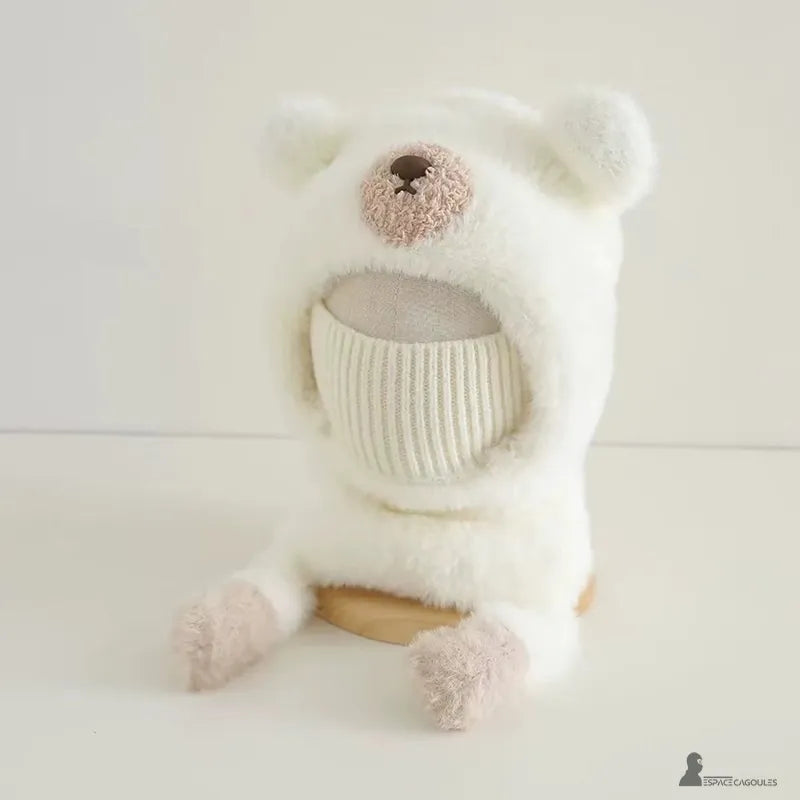 White children's balaclava with bear hood and rounded ears, product view on a neutral background in white color - Espace Cagoules.