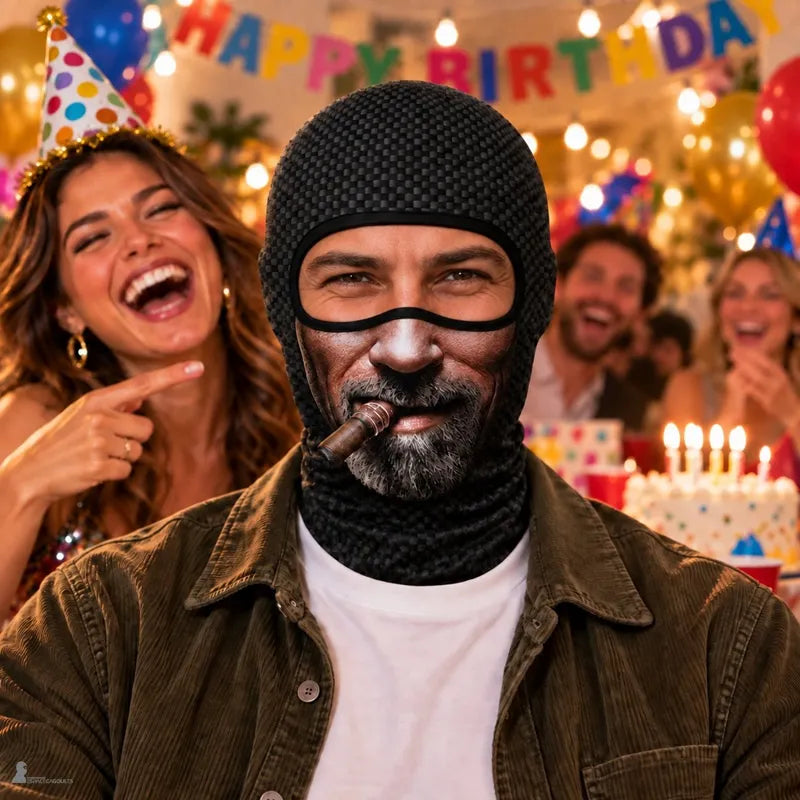 Homme portant la cagoule fantaisie Havane à une fête d'anniversaire, amis riant derrière lui près d'un gâteau à bougies - Espace Cagoules