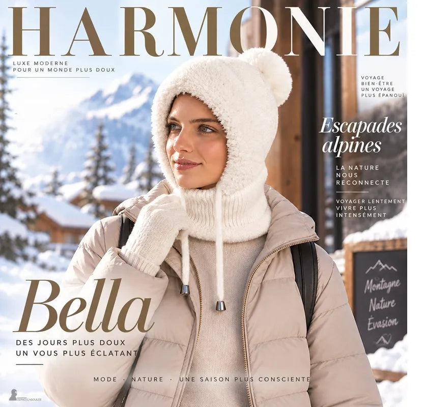 Weiße Bella Damen-Sturmhaube mit heruntergelassener Maske, gestricktem Halswärmer mit Kunstfellbesatz und Kordelzug - Espace Cagoules
