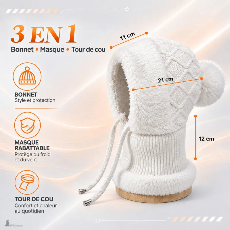 Schéma des dimensions de la cagoule femme 3-en-1 Bella : capuche 21 cm, ouverture visage 11 cm, tour de cou 12 cm - Espace Cagoules