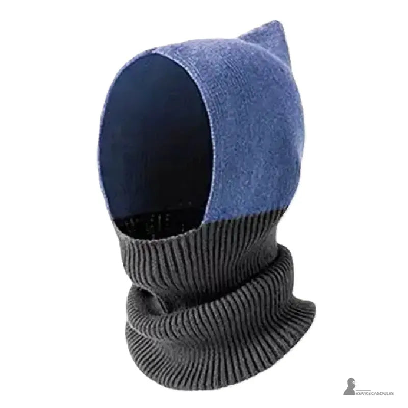 Cagoule femme en laine bicolore bleu et gris avec design moderne couvrant la tête et le cou, idéale pour l’hiver