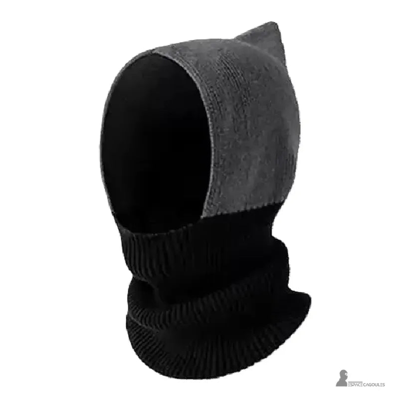 Cagoule femme en laine bicolore noir et gris couvrant le visage et le cou pour une protection élégante contre le froid