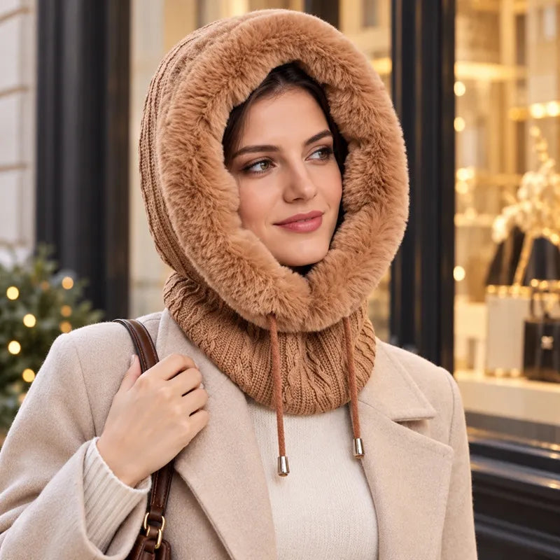 Woman in front of a Christmas shop window wearing a caramel fur balaclava with hood up over a beige coat - Espace Cagoules