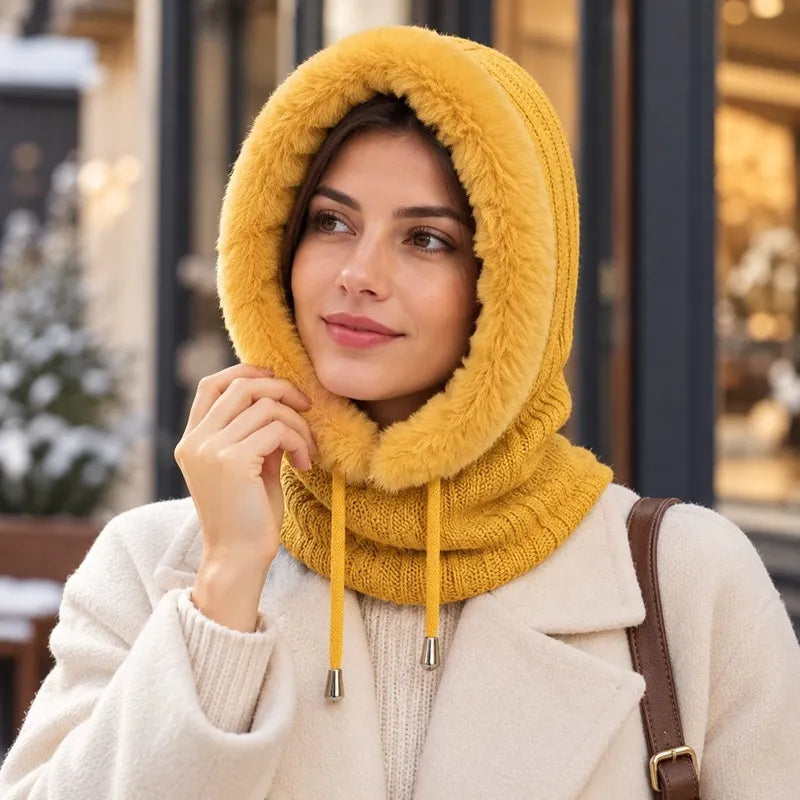 Woman in a white coat adjusting the hood of her mustard yellow fur balaclava, knitted neck around the neck - Espace Cagoules