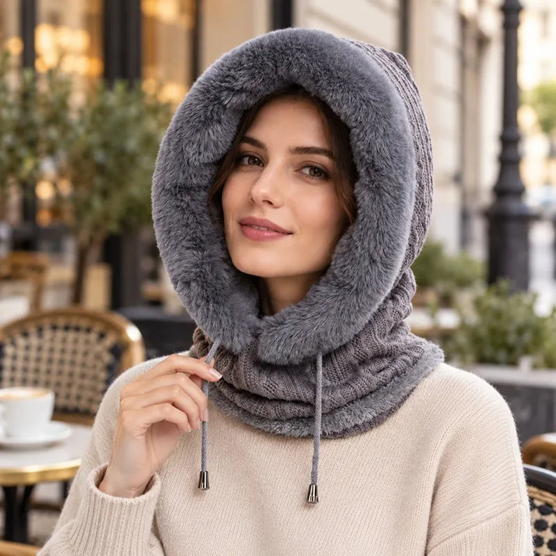 Woman on a café terrace holding the drawstring of her grey fur balaclava, hood up and knitted neck adjusted - Espace Cagoules