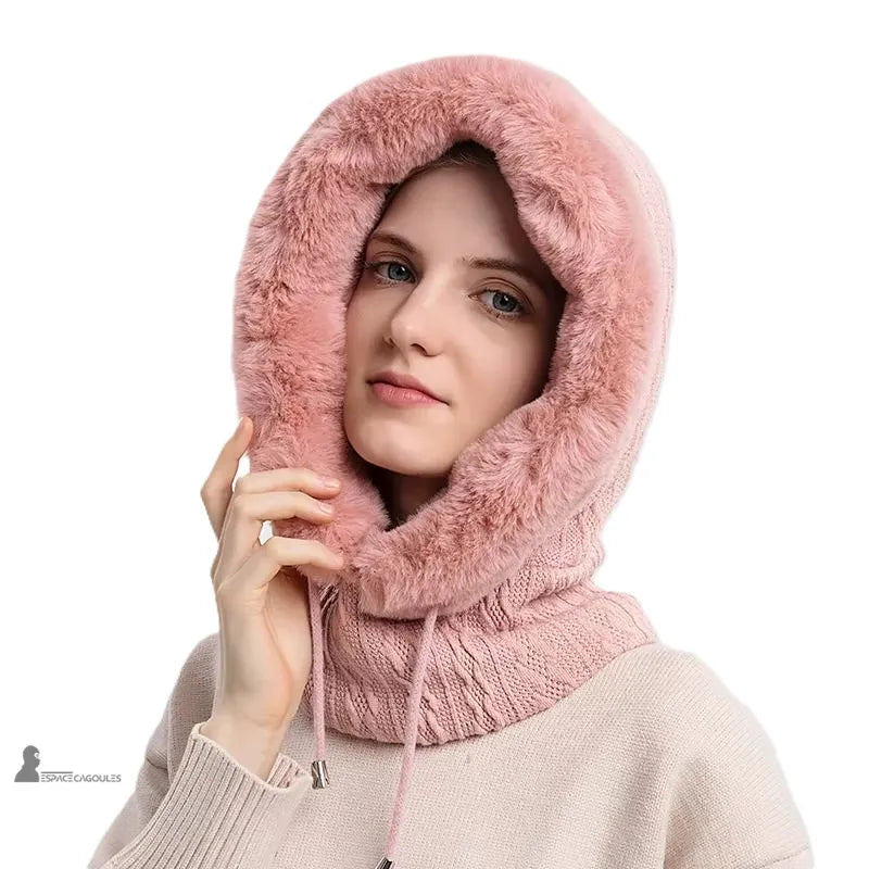 Damen-Pastellrosa-Fellhaube, weiche und flauschige offene Kapuze, gestricktes Modell ideal für den Winter - Cagoule Raum