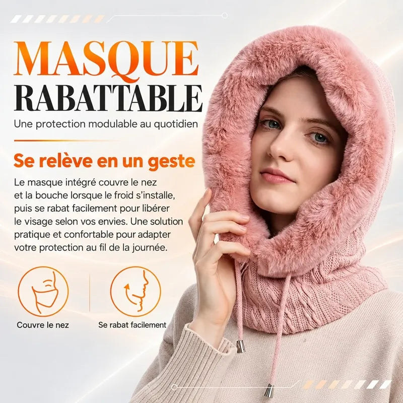 Femme portant la cagoule fourrure rose masque baissé, infographie expliquant le masque qui se relève sur le nez et se rabat - Espace Cagoules