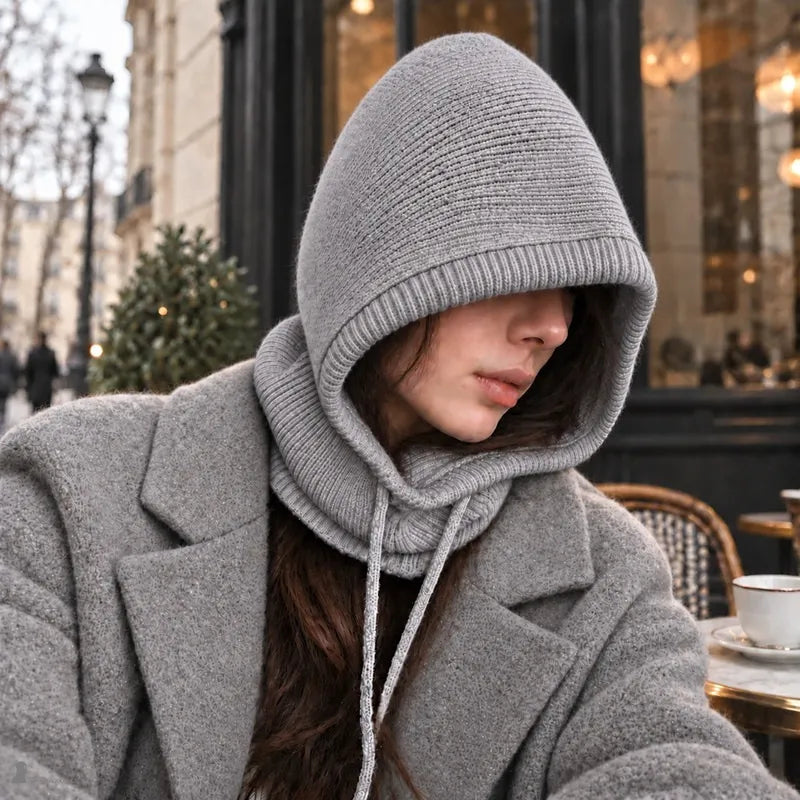 Femme en terrasse de café portant la cagoule Silverine gris clair, capuche abaissée jusqu'aux yeux et cordons tombant sur un manteau gris - Espace Cagoules
