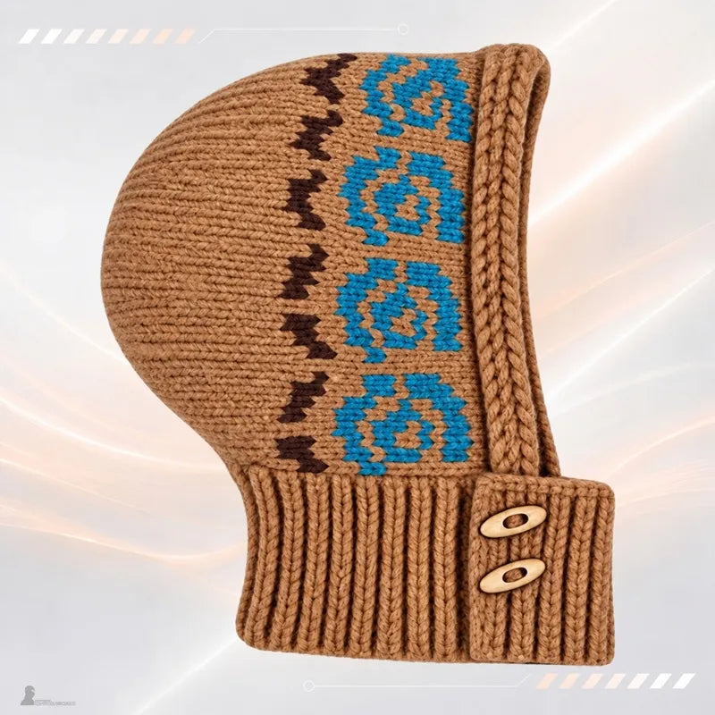 Cagoule en maille femme camel à frise de roses bleues et zigzag chocolat, col boutonné - Espace Cagoules