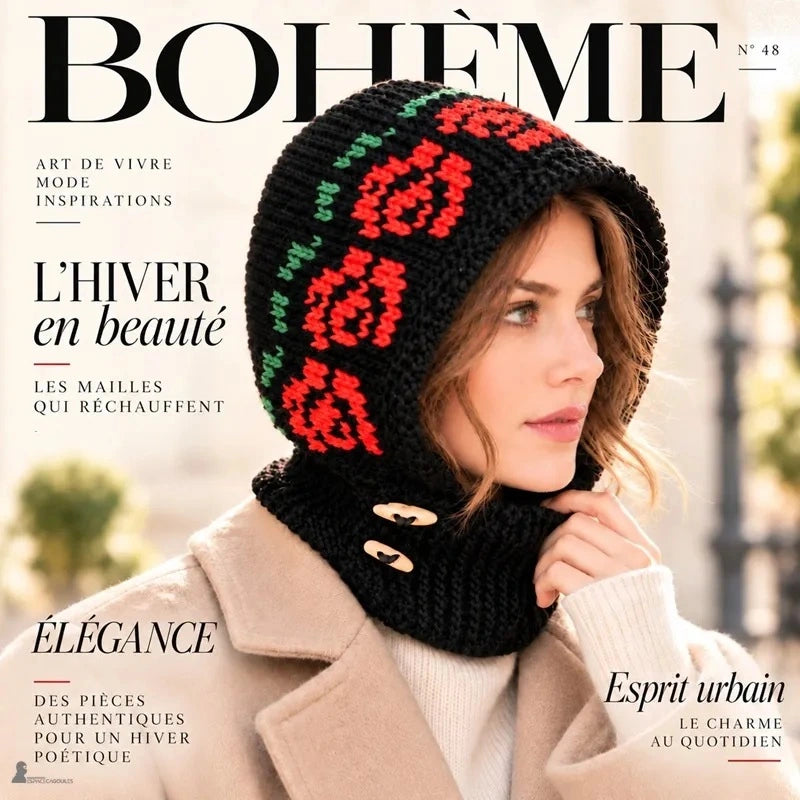 Couverture de magazine mode avec une femme en cagoule en maille noire à roses rouges et manteau beige - Espace Cagoules