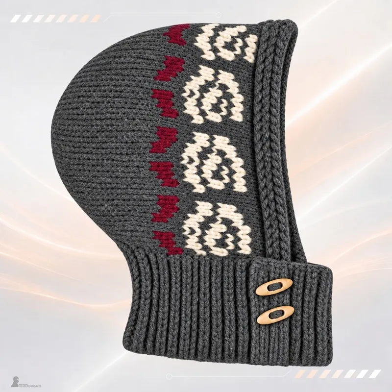 Cagoule en maille femme grise à frise de roses écrues et motif bordeaux, col à deux boutons - Espace Cagoules