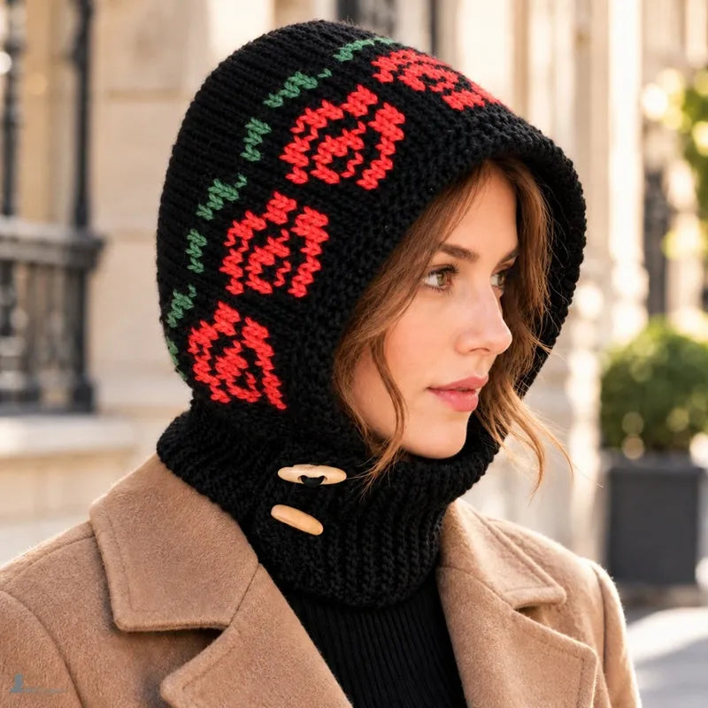Femme en ville portant la cagoule en maille noire à roses rouges avec un manteau camel - Espace Cagoules