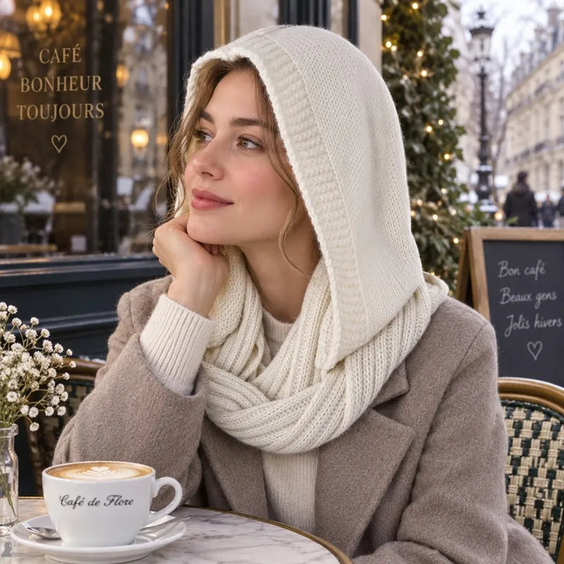 Cremefarbene Néova Sturmhaube aus Grobstrick auf einer Caféterrasse, Kapuze umrahmt das Gesicht und Zopfstrick-Snood über taupefarbenem Mantel - Espace Cagoules