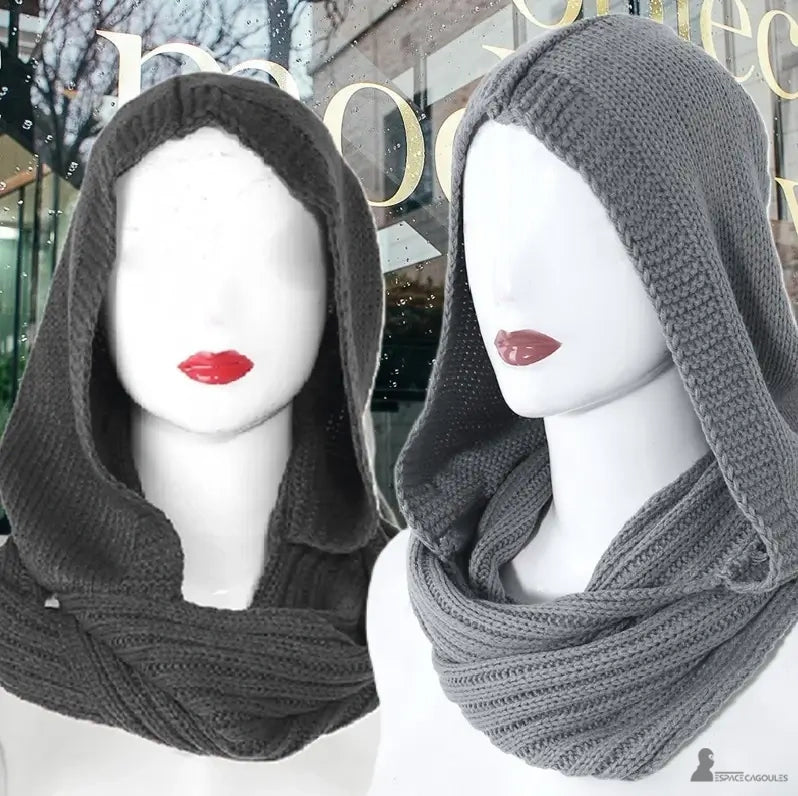 Cagoules femme mode grise et noire polyvalentes et chic en tricot, mannequins devant vitrine avec lettres dorées visibles