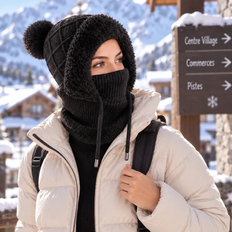 Schwarze Bella 3-in-1 Damen-Sturmhaube mit hochgezogener Maske in verschneiter Stadt, Kapuze mit Fellbesatz und Kordelzug - Espace Cagoules