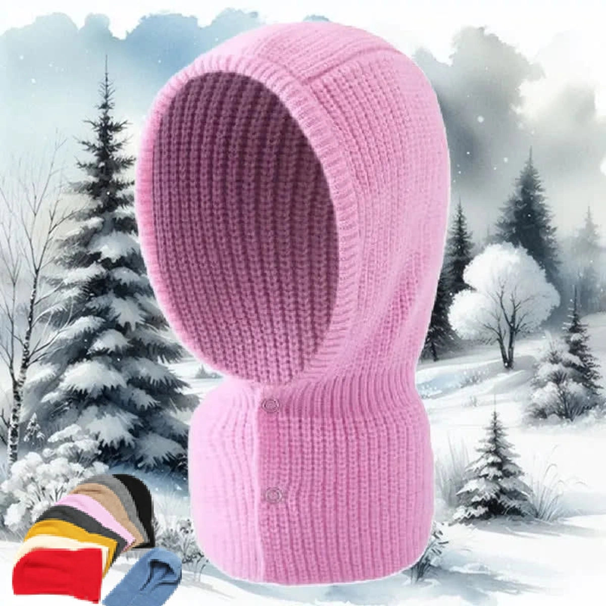 Cagoule femme rose tricotée, mise en valeur sur un arrière-plan enneigé, conçue pour les activités hivernales en extérieur.