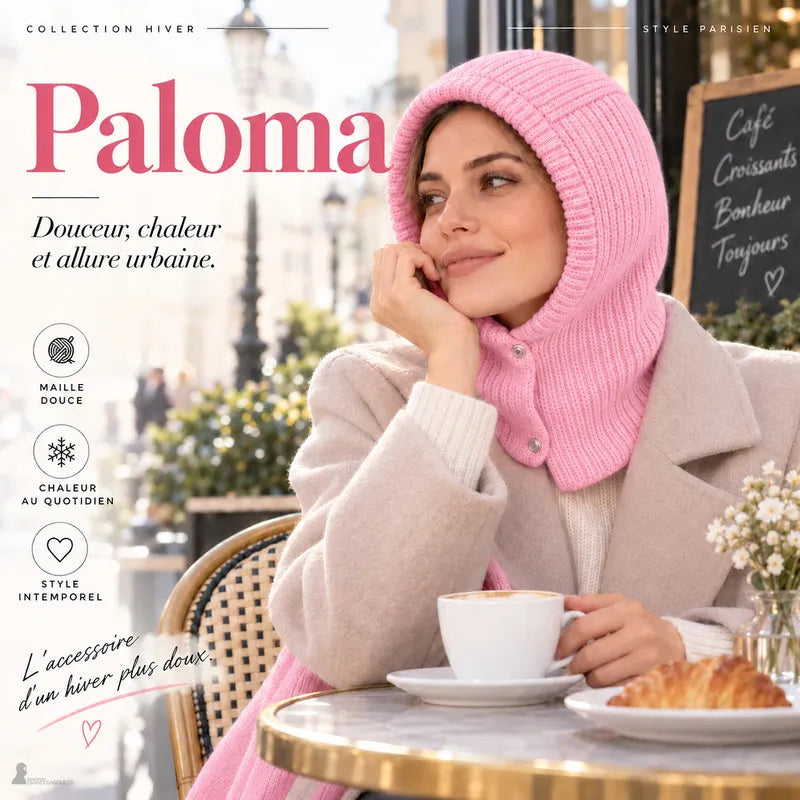 Visuel de présentation de la cagoule femme rose Paloma portée en terrasse de café - Espace Cagoules
