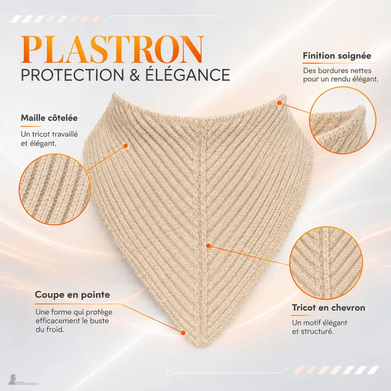 Plastron en pointe de la cagoule Sélène en tricot chevron côtelé qui protège le cou et le haut du buste du froid - Espace Cagoules