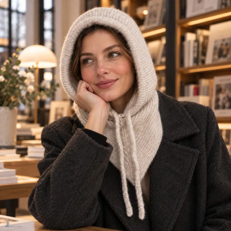 Frau in einer Buchhandlung sitzend, Hand an der Wange, mit taupefarbener Sélène Sturmhaube und dunklem Wollmantel - Espace Cagoules