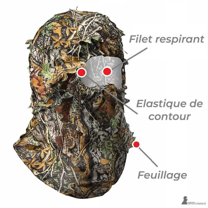 Cagoule filet camouflage en tissu mesh extensible avec filet respirant et élastique de contour, vue face sur fond clair – Espace Cagoules