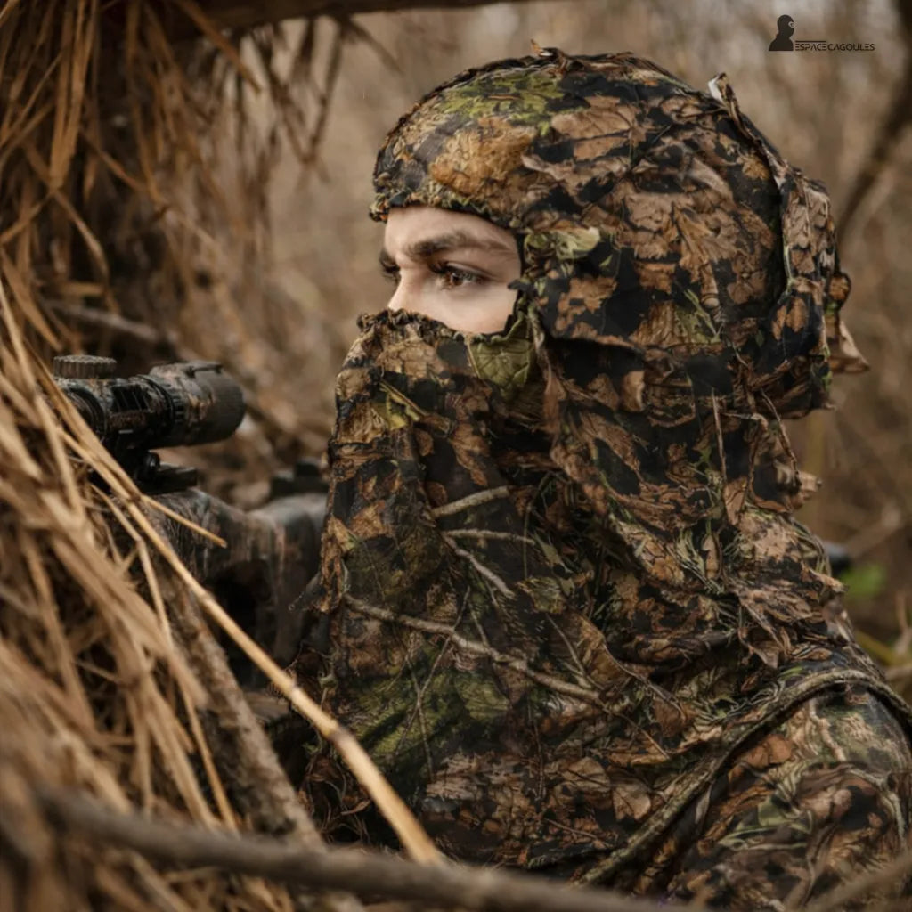 Cagoule filet camouflage en maille légère avec feuillage 3D, portée dans un environnement forestier – Espace Cagoules