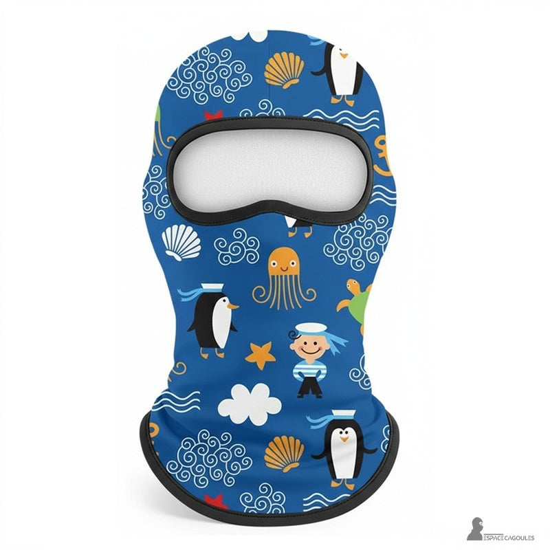 Tunn balaclava under hjälm för barn i stretchtyg med fleecefoder, täckande form med en öppning, vy framifrån platt med marinmönster – Espace Cagoules