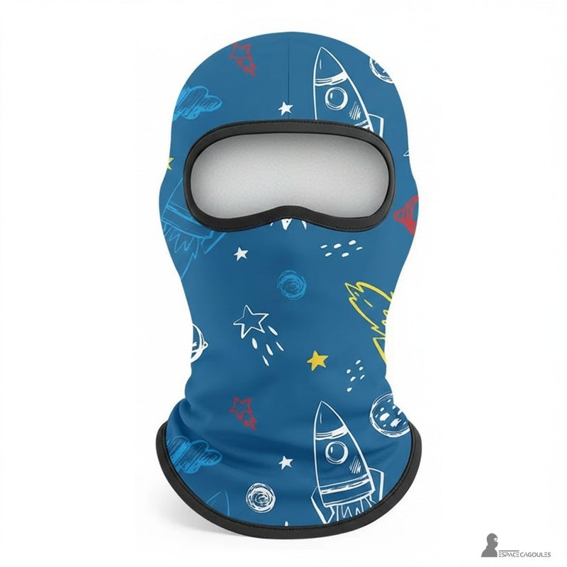 Tunn balaclava under hjälm för barn i polyester och spandex, fodrad med fleece, justerad form med en öppning, framsidan platt med raketmönster – Rymd Balaclavor