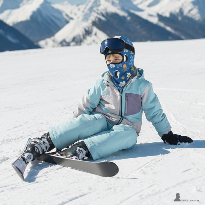 Tunn balaclava under hjälm för barn bärs av en pojke i fjällen, polyester- och spandextyg med fleecefoder, visad i situation under skid hjälm – Espace Cagoules