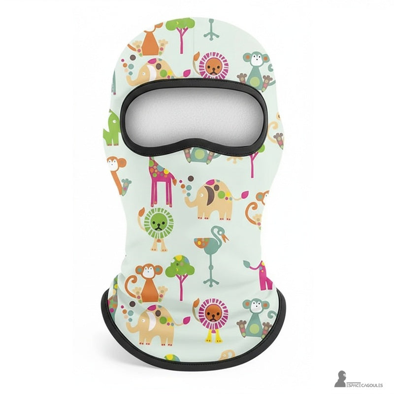 Tunn balaclava under hjälm för barn i polyester och spandex, fodrad med fleece, balaclava-form med en öppning, sett framifrån platt med djurmönster – Utrymme för balaclavor