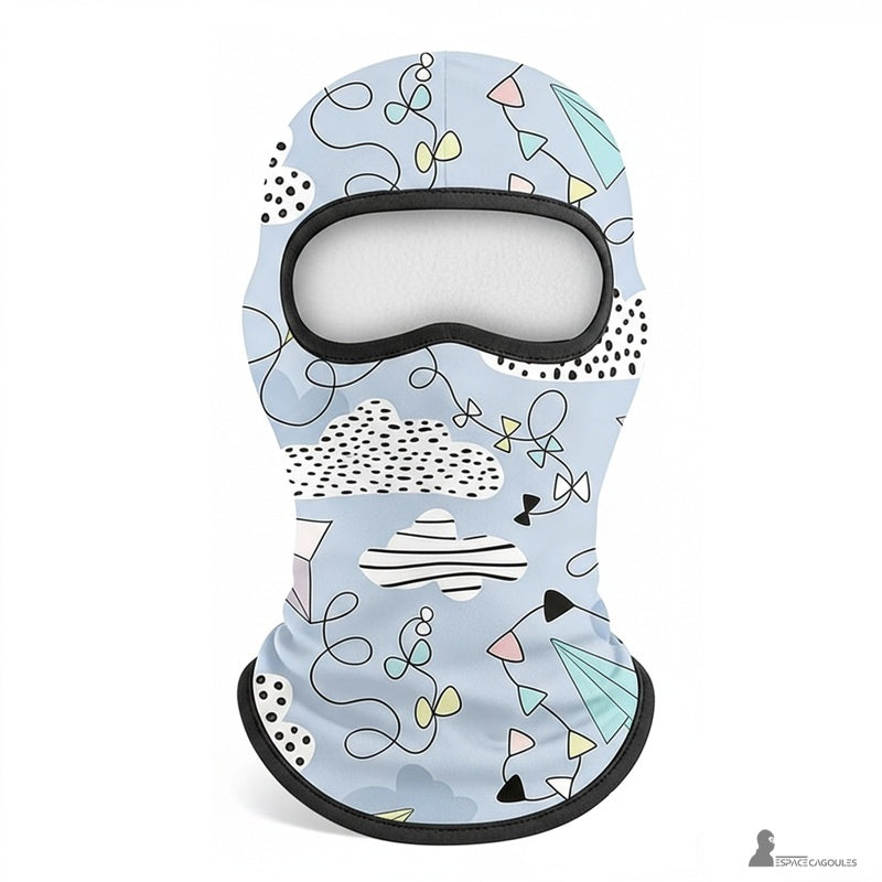 Tunn balaclava under hjälm för barn i stretchigt tyg, fleecefoder, täckande form med en öppning, vy framifrån platt med grafiska mönster – Espace Cagoules