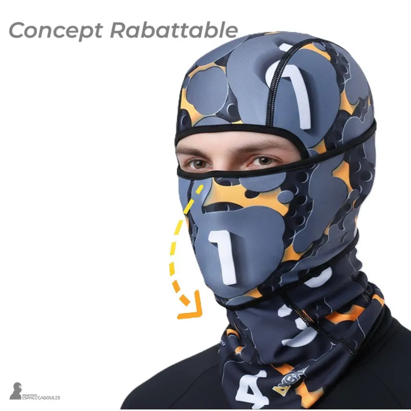 Feine Sturmhaube unter dem Motorradhelm aus Polyester und Fleece mit umklappbarem Gesichtsteil, angepasste Form, dreiviertel Ansicht - Cagoules Raum