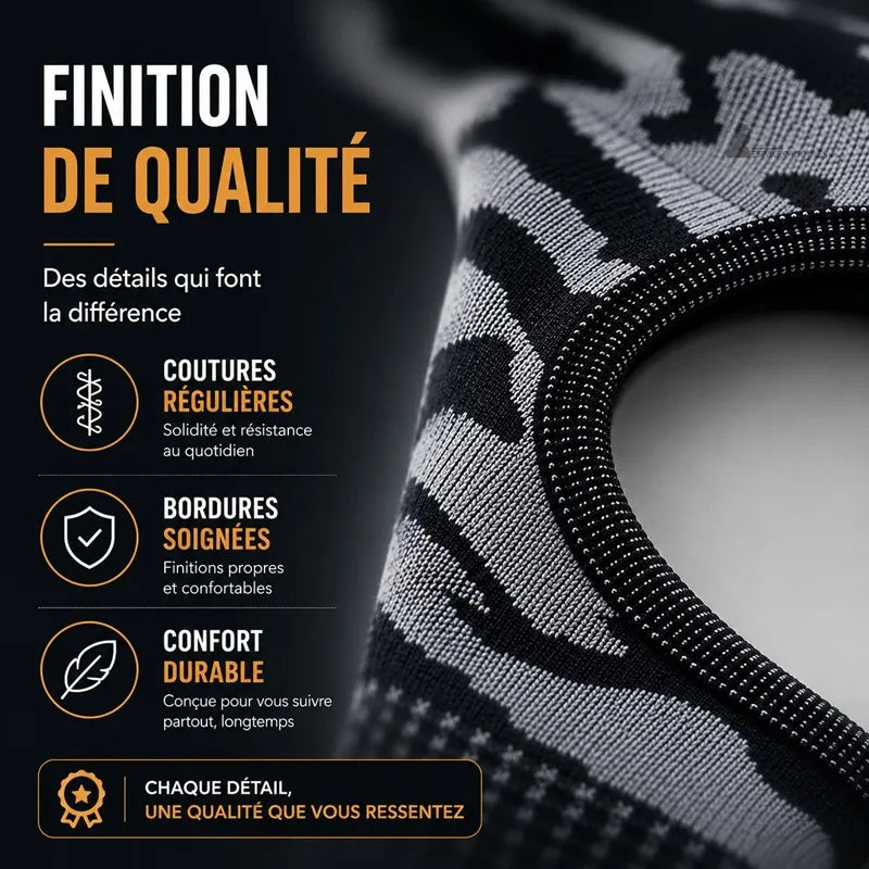 Gros plan sur le contour du visage de la cagoule fine sous casque de ski montrant les coutures régulières et les bordures soignées - Espace Cagoules